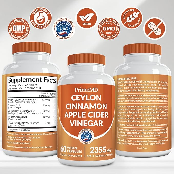 5-in-1 Ceylon Cinnamon Capsules 2355mg - Ceylon Cinnamon and Apple Cider Vinegar with Turmeric, Panax Ginseng, Cinnamon, and Bioperine, 60ct