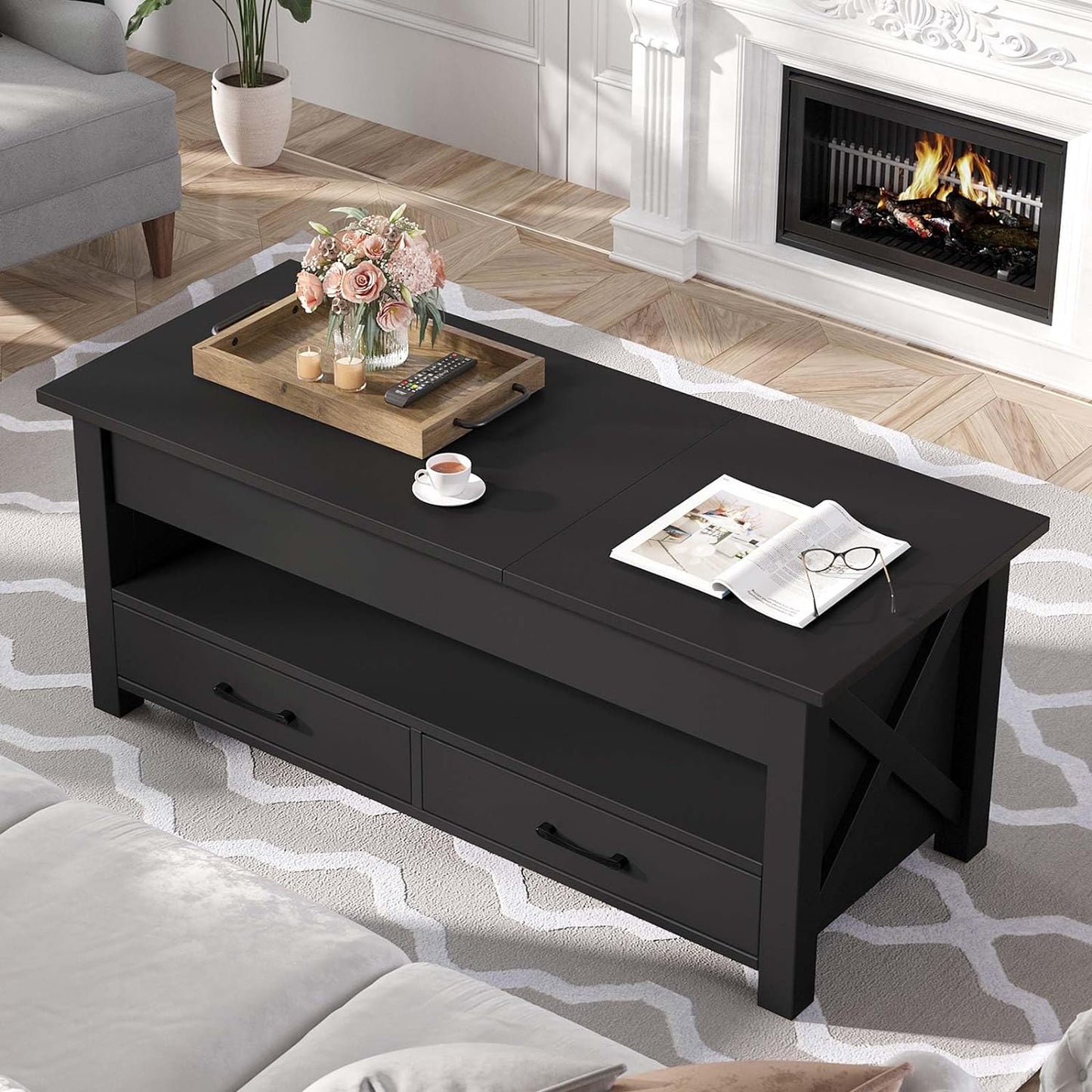 Seventable Coffee Table, 39.3" Lift Top Coffee Table with 2 Storage Drawers and Hidden Compartment, X Wood Farmhouse Support, Retro Center Table with Lift Tabletop for Living Room,Black