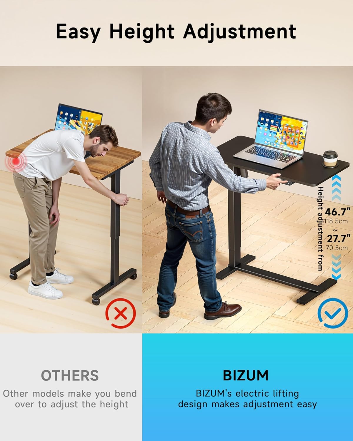 BIZUM Small Electric Standing Desk Bedside Table with Hidden Wheels 31.5 x 15.8 Inch Adjustable Computer Laptop Office Desk, Black