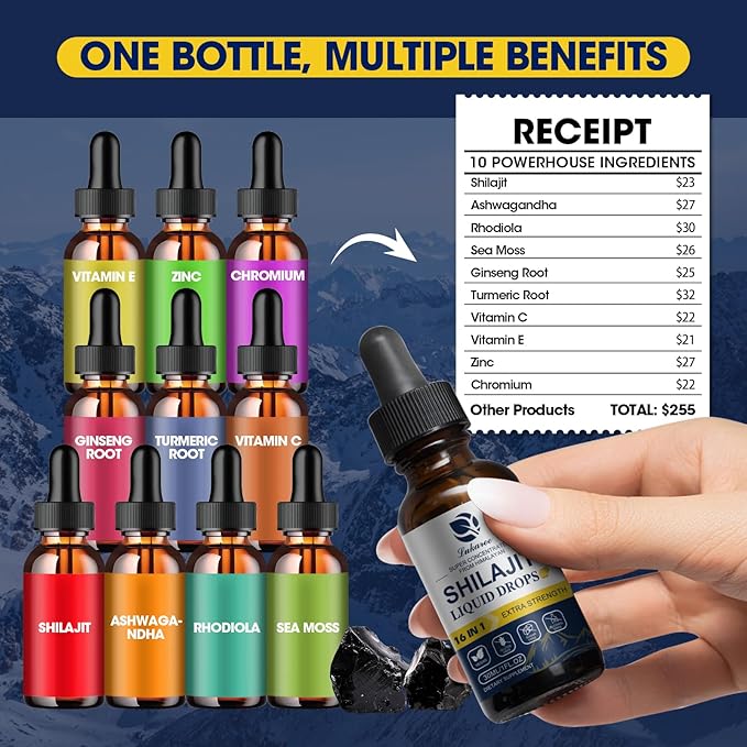 16 in 1 Shilajit Resin Liquid Drop, Shilajit W/Ginseng, Turmeric, Rhodiola, Wolfberry, Amla & Vitamins, Shilajit Supplement for Men & Women with 85+ Trace Minerals & Fulvic Acid, 1 Fl Oz