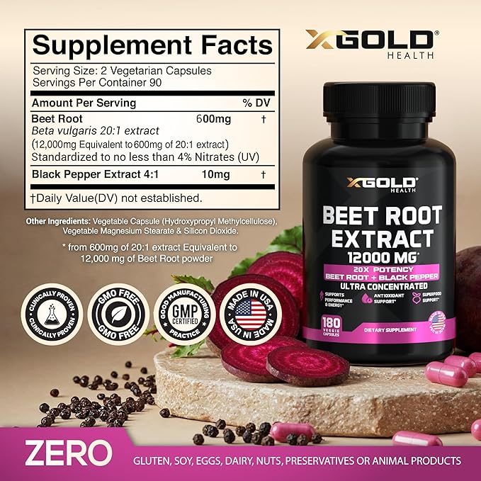 Beet Root Extract Capsules - 12000mg 20x Concentrated Beet Root Capsules Supplement w/Black Pepper - High Nitrates - Natural Nitric Oxide Booster - Highly Concentrated & Bioavailable -180 Veggie Caps