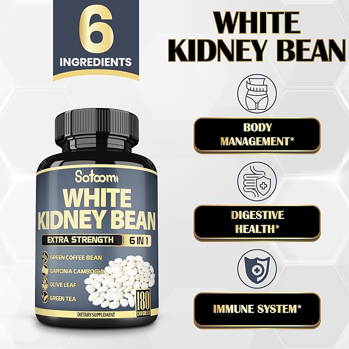 Satoomi 6in1 White Kidney Bean Extract Capsules - 6 Month Supply - Extra Blend with Olive Leaf, Green Coffee Bean & Green Tea - 180 Counts