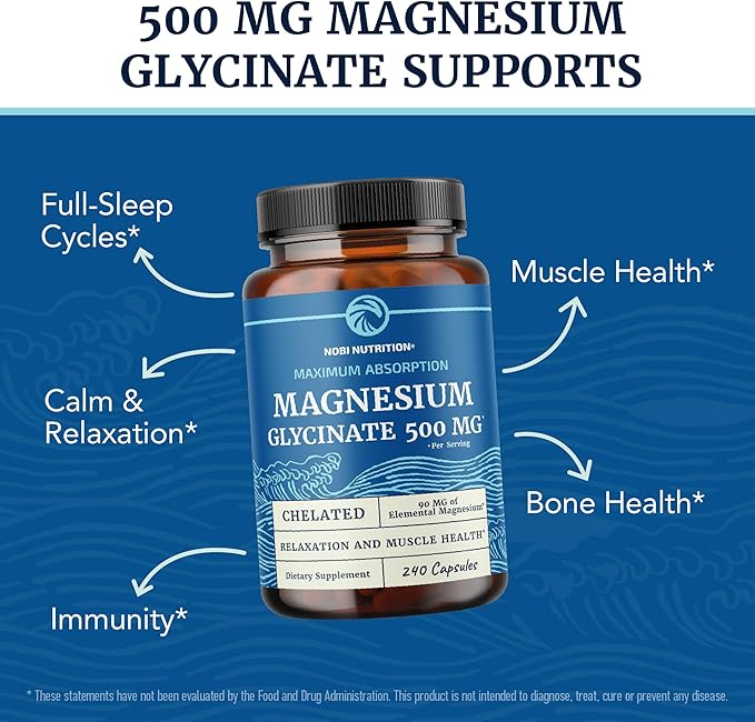 Magnesium Glycinate 500mg | Chelated for High Absorption | Muscle Relaxation, Bones, Heart, Nerve, Sleep & Calm Support for Women & Men | Magnesium Chelate Supplement & Bisglycinate Complex | 240ct