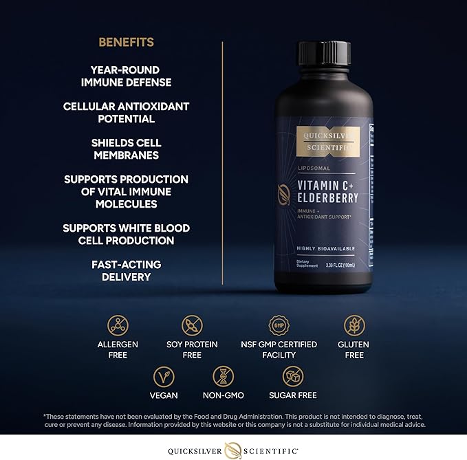 Quicksilver Scientific Liposomal Vitamin C + Elderberry - Liposomal Vitamin C 1000mg with Superior Absorption Technology & Tocotrienols - Antioxidant & Immune Support Tonic (100ml)