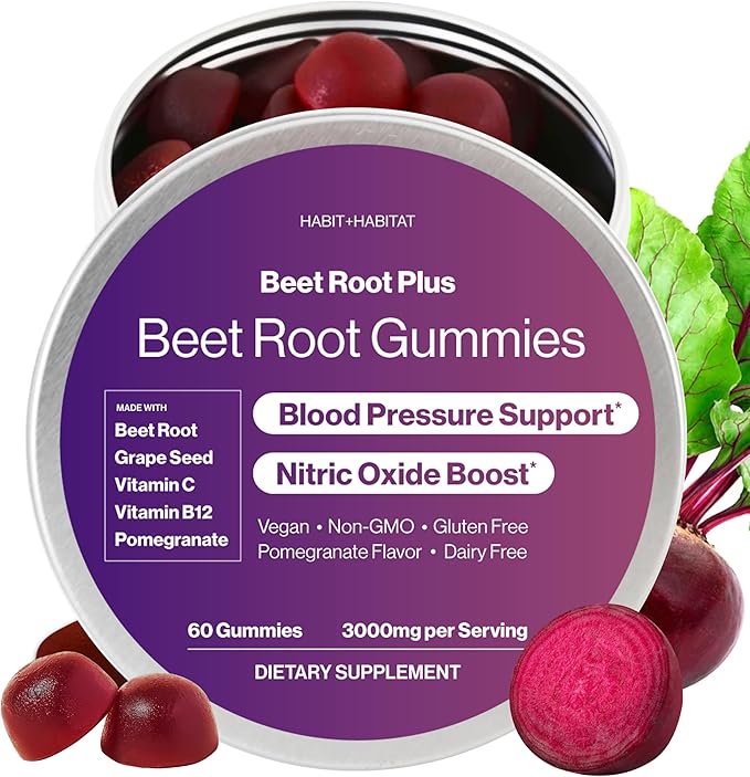 Beet Root Gummies - Nitric Oxide Supplements for Men & Women, Supports Healthy Blood Circulation - Non-GMO, Gluten-Free Beetroot Supplement - Pomegranate Flavor - 60 Gummies