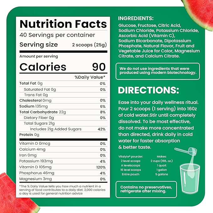 Vitalyte Electrolyte Powder Drink Mix, Isotonic Electrolyte Hydration Mix, Gluten Free Post Workout Powder Mix, Pack of 2, 35 oz. Each, Watermelon Flavor