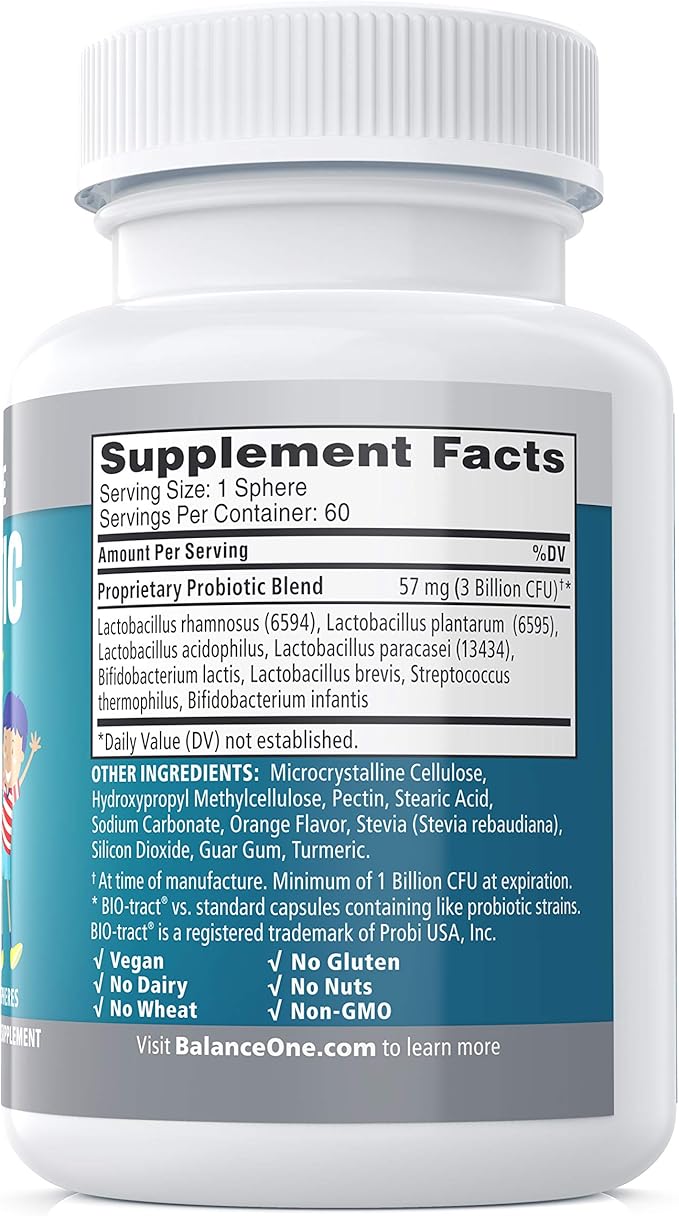 Balance ONE Time-Release Kids Probiotic – Up to 15x Better Survivability – 3 Billion CFU – Gut & Digestive Support for Children – Sugar Free, Easy to Swallow, 2 Month Supply