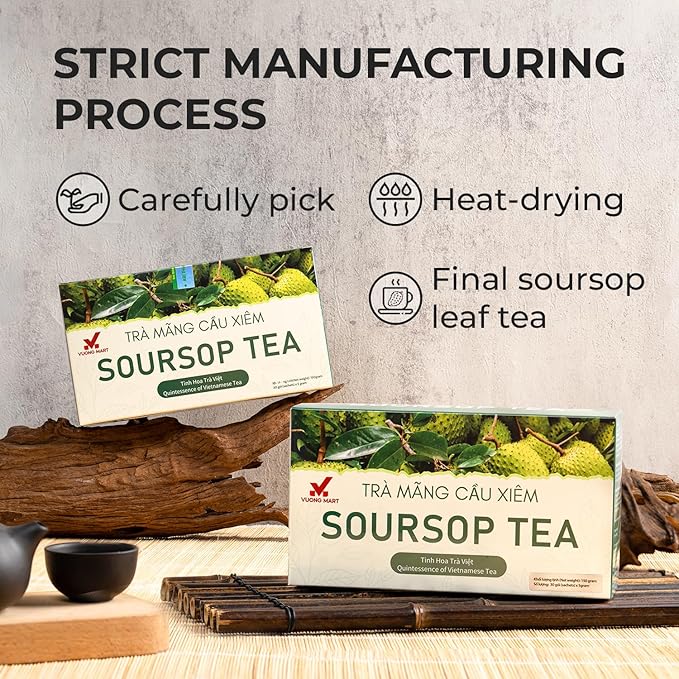 VUONGMART Dried Soursop Leaf Tea, 100% Pure & Hand Pick, Organic Herbal Tea, 30 Count, Gluten Free, Dairy Free, No Sugar Added, Energy Boost & Health Support