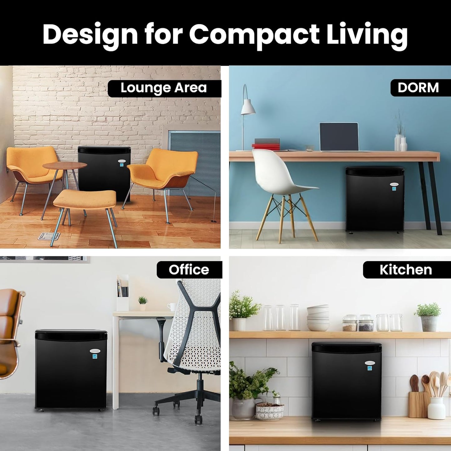 ROOMWELL E-Star 1.7 Cu Ft Mini Fridge for Office, Compact Black Small Refrigerator Without Freezer Automatic Defrost With Integrated Door Handle, 37 dB Countertop Fridge Quite, Ideal for Bedroom, Dorm