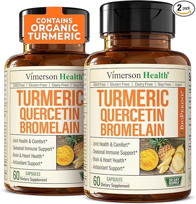 Quercetin with Bromelain Turmeric Curcumin Supplement – Allergy Relief, Joint & Immune Support – Organic Turmeric Supplement with Black Pepper (Bioperine) – Quercetin 500mg Capsules 2 Pack