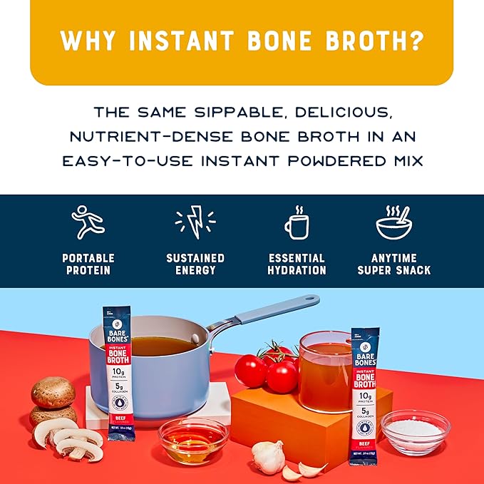 Bare Bones Bone Broth Instant Powdered Mix, Variety Pack, 8 Chicken and 8 Beef, 15g Sticks, 10g Protein, Keto & Paleo Friendly Bone Broth Packets, 16 Total Servings