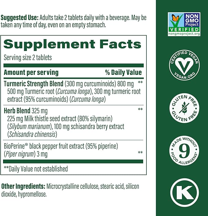 MegaFood Turmeric Curcumin Extra Strength - Liver Support - Turmeric Curcumin with Black Pepper and Milk Thistle Extract - Vegan - Made Without 9 Food Allergens - 60 Tabs (30 Servings)