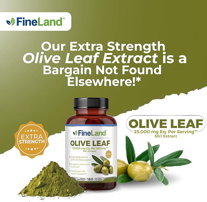 FineLand Olive Leaf Extract 50x – 25,000mg Eq. per Serving | 160 Vegan Caps, Olive Extract with 20% Oleuropein | Herbal Antioxidant Supplement for Circulatory and Immune Support, Made in USA