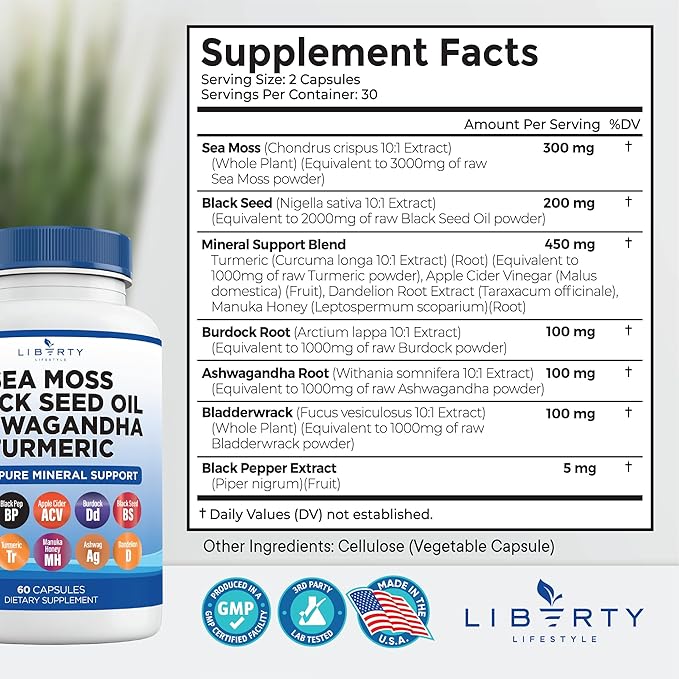 Sea Moss Black Seed Oil Ashwagandha Turmeric Bladderwrack Burdock - with Manuka, Honey Dandelion, ACV Black Pepper Gluten Free - 1-Pack