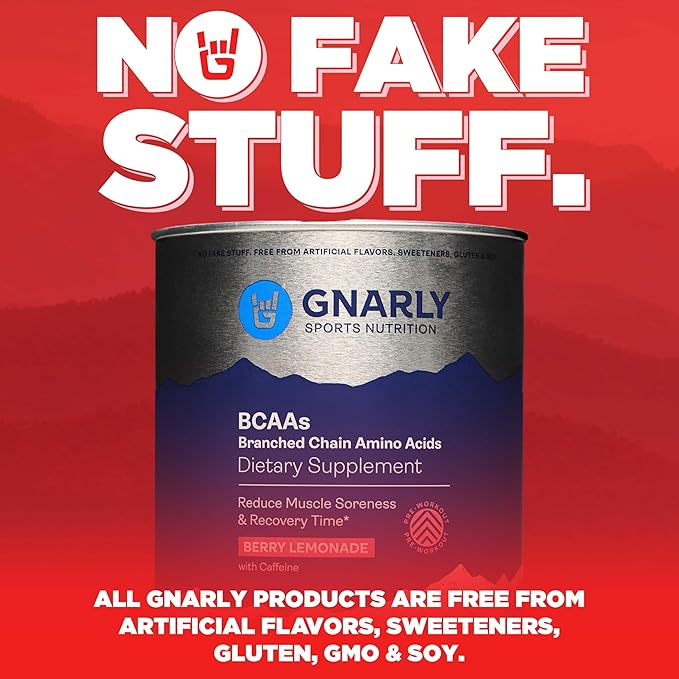 Gnarly Nutrition BCAA Powder, Berry Lemonade – Pre-Workout BCAAS Amino Acids – NSF Sport Certified – Supplement to Support and Rebuild Muscle – Berry Lemonade with Caffeine, 10.58 oz