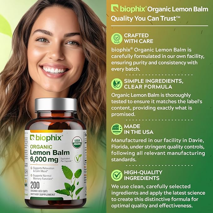 biophix Lemon Balm Capsules USDA Organic 20:1 Extract 300 mg 200 Veggie Caps - Cognitive Health Stress Sleep Mood Support Natural Herbal Supplement