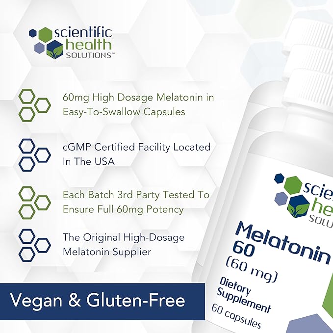 Melatonin 60mg | High Dosage Melatonin in Easy-to-Swallow Capsules | Vegan, Non-GMO & Gluten-Free | US-Made Extra Strength Melatonin (3-Pack)