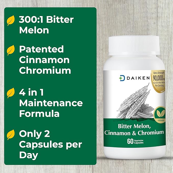 DAIKEN Bitter Melon 90,000 mg Equivalent, Enriched with Cinnamon, Chromium & Zinc, 100% Vegetarian Bitter Melon Capsules, 60 Capsules (Pack of 2)