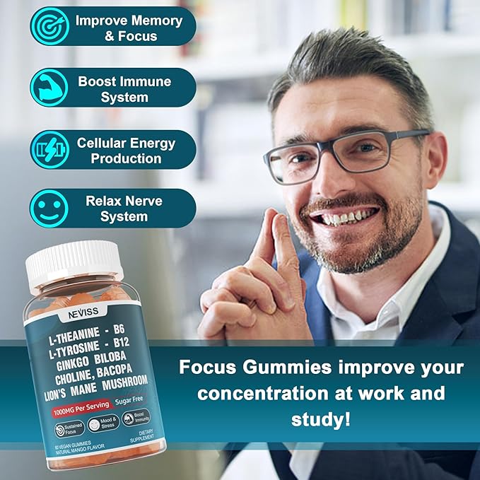 Sugar Free L-Tyrosine Gummies 300mg L-Theanine 200mg Vitamin B6 100mg & B12 500mcg, Brain Health Herbs 300mg w/Ginkgo Biloba, Rhodiola Rosea, Lion's Mane Mushroom for Sustained Focus & Energy, 1Pack