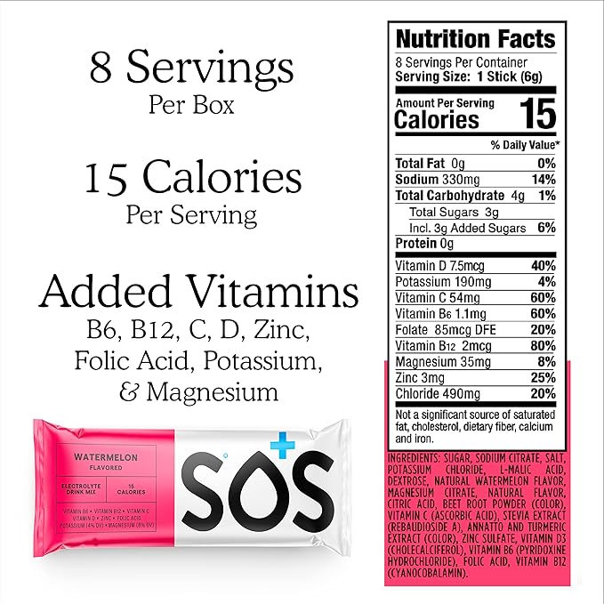 SOS Hydration Electrolyte Powder Packets, Watermelon Flavor, 8 Stick Packs – Low-Calorie, Rapid Rehydration, Made in USA, Keto & Vegan Friendly