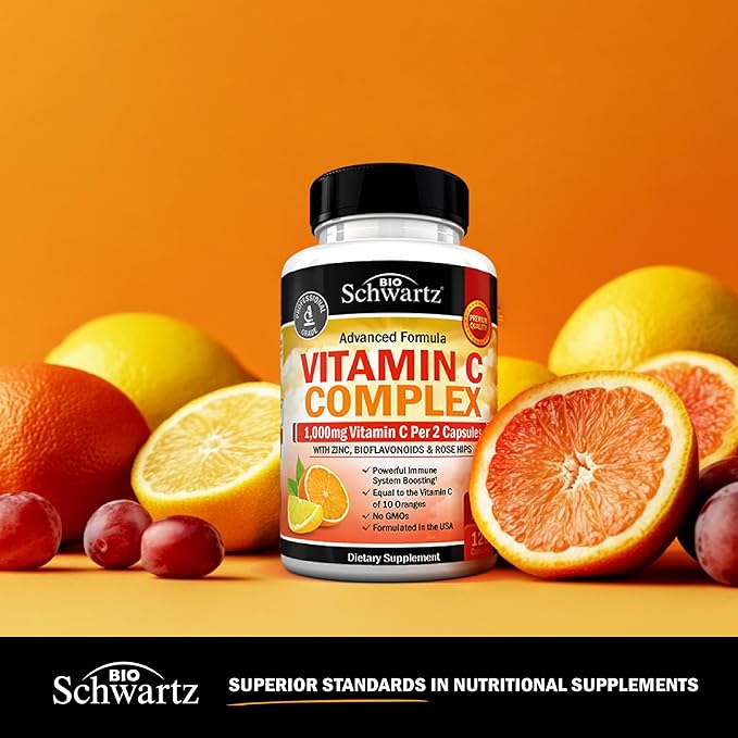 BioSchwartz Vitamin C Complex Supplement - Vitamin C 1000mg Capsules with Rose HIPS Zinc and Citrus Bioflavonoids for Immune Health, Cellular Energy, Collagen Production, 120 Count (60 Day Supply)