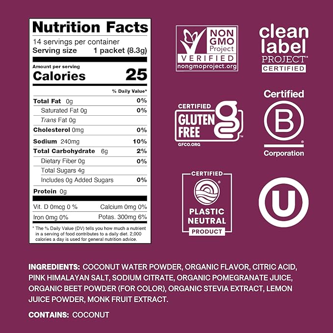 Cure Hydration | Plant-Based Electrolyte Drink Mix | No Added Sugar | Dehydration Relief Powder Made with Coconut Water | Non-GMO | Vegan | Pouch of 14 Packets - Berry Pomegranate