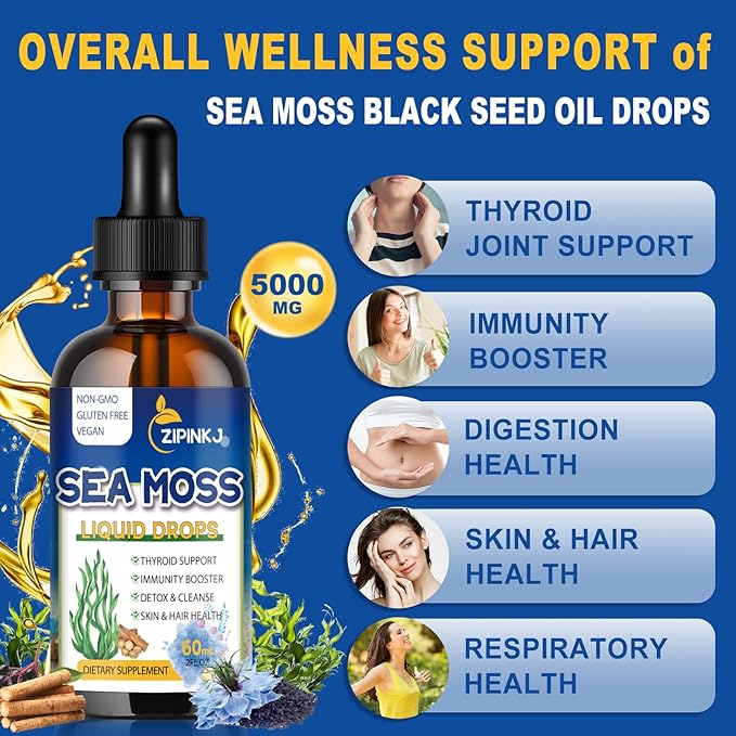 Organic Sea Moss Drops, 11 in 1 Black Seed Oil & Irish Liquid Sea Moss Gel Ashwagandha Burdock Root, Spirulina, Bladderwrack, Elderberry for Digestion, Immunity, Skin Hair Health, Non-GMO - 4 Fl Oz