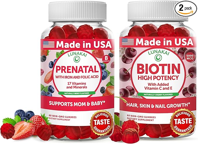Lunakai Prenatal and Biotin Gummies Bundle - Pregnancy Multivitamin Gummy with Iron & Folic Acid - Hair Skin and Nails Growth Supplement with Vitamin C and E - 30 Days Supply