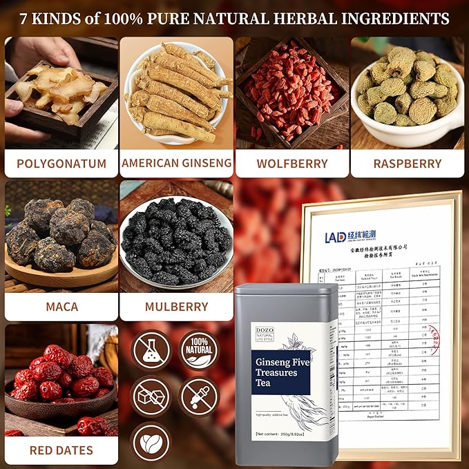 DOZO Ginseng Five Treasure Tea Men’s Maca Herbal Tea Wubao Tea 8.82oz/250g(25bag) Men's Kidney American Ginseng Raspberries Mulberries Red Dates Goji berries Maca 补肾茶 男人茶 人参五宝茶