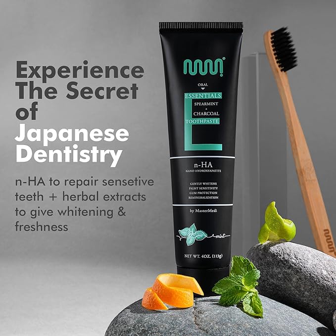 MasterMedi Charcoal Toothpaste with Nano Hydroxyapatite – Fluoride Free, SLS Free, Sensitive Whitening, Enamel Support, Spearmint Flavor, Dentist Recommended, 4 oz (Pack of 2)
