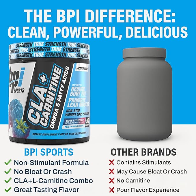 BPI Sports CLA+Carnitine – CLA L Carnitine & Linoleic Acid – L Carnitine Supplement for Weight Loss, Metabolism & Lean Muscle – Caffeine Free – Blue Raspberry – 50 Servings – 12.34 oz
