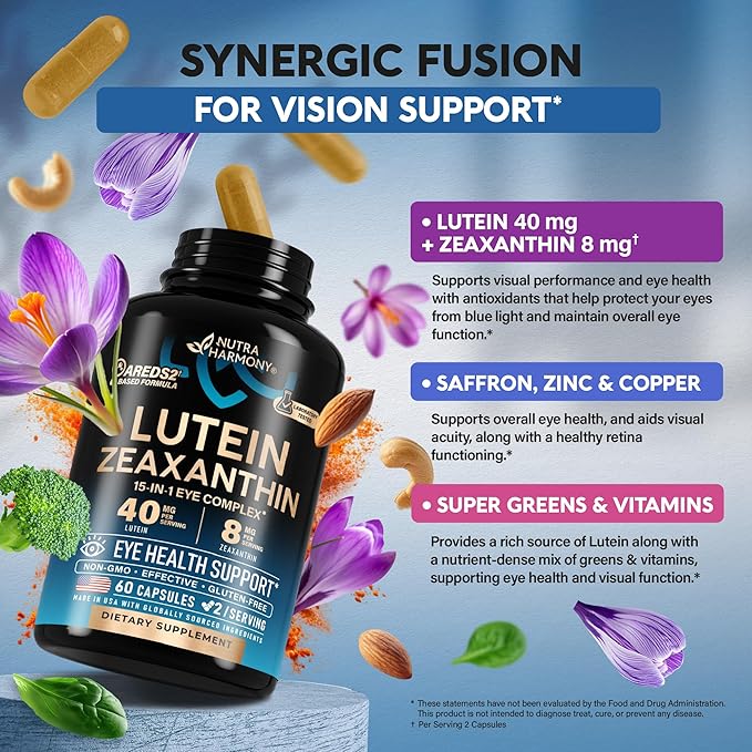 Eye Vitamins - Lutein and Zeaxanthin Supplements - AREDS2 Based Supplement for Seniors & Adults - Eye Health & Vision Support - Saffron, Zinc, Vitamins, Copper, Super Greens - Made in USA, 60 Capsules