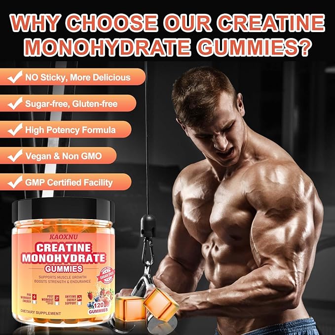 Creatine Monohydrate Gummies 5000mg for Men & Women, 120CT Chewable Creatine Gummies for Muscle Support, Energy Boost, 5g of Creatine Monohydrate per Serving - Sugar Free (Blueberry Strawberry)