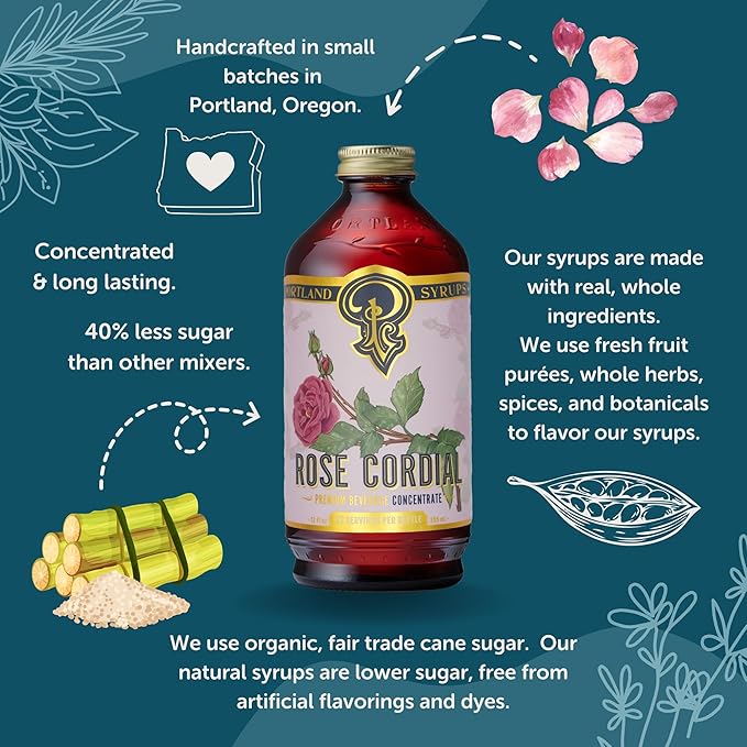 Portland Syrups Rose Cordial Syrup - Craft Exquisite Floral beverages for Cocktails, Mocktails, Soda, and More - 12 oz with 24 Servings (Pack of 1)
