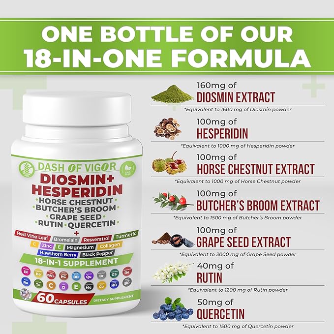 Dash of Vigor 18-in-1 Diosmin Hesperidin Supplement, Quercetin with Bromelain, Zinc, Vitamin C with Rutin Supplement, Horse Chestnut Extract, Butcher's Broom Extract, USA, 60 Capsules