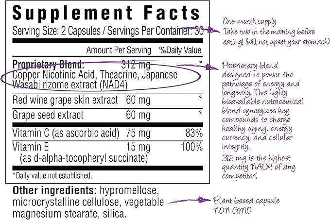 BioNAD NAD+ Natural Energy Booster - Boosts NAD+ - Supports Cardiovascular Health by lowering LDL Cholesterol - Anti Aging - Combats Inflammation induced Aging on a Cellular Level - Vegan/Non GMO