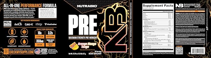 NutraBio PRE Workout Powder - New Formula- Sustained Energy, Mental Focus, Endurance - Beta Alanine, Caffeine, Electrolytes - 20 Servings - Orange Mango Tango