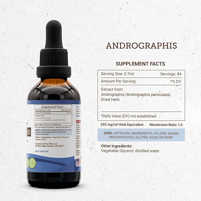 Secrets of the Tribe Andrographis Tincture Alcohol-Free Extract, Andrographis Fah talai jone, Chuan Xin Lian, Andrographis Paniculata Immune System Health 2 oz