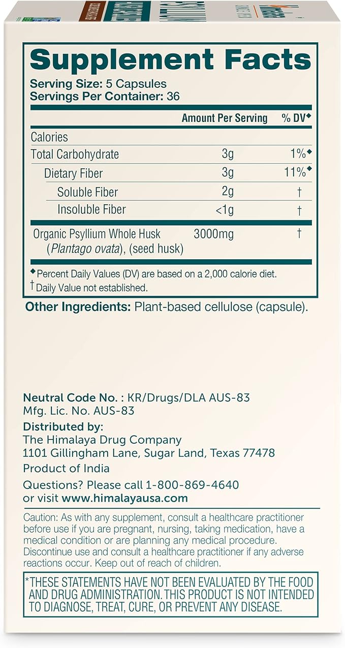 Himalaya Psyllium Husk Capsules - Daily Fiber Supplement for Supporting Digestive Health and Regularity - Vegan, Non-GMO, Sugar Free, Gluten Free, 180 Capsules