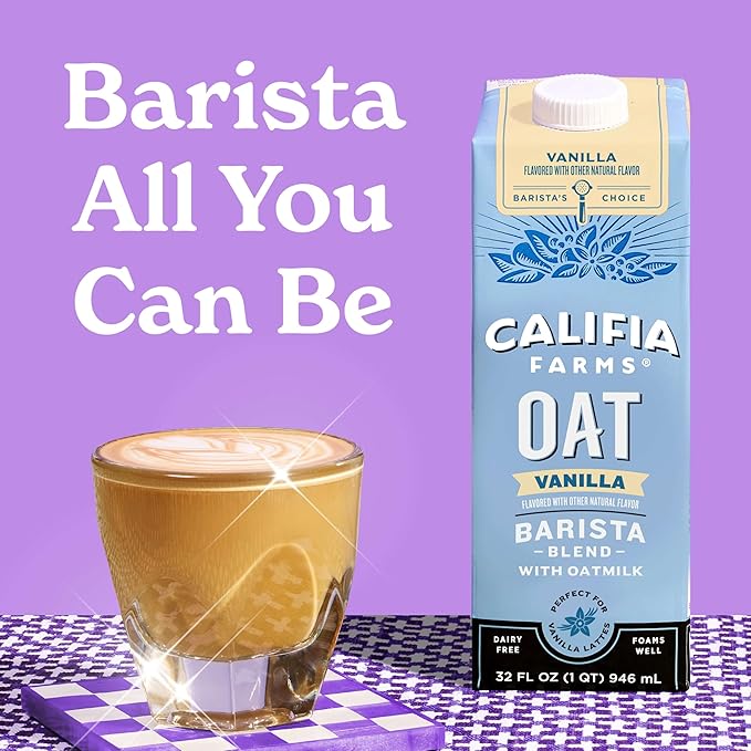 Califia Farms – Vanilla Oat Barista Blend Oat Milk, 32 Oz (Pack of 6), Shelf Stable, Dairy Free, Plant Based, Vegan, Gluten Free, Non GMO, Milk Frother, Creamer, Blue