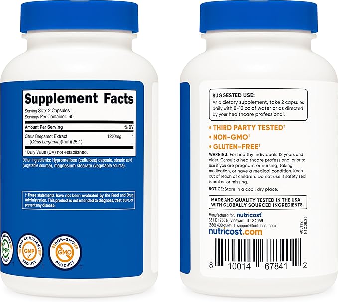 Nutricost Citrus Bergamot Capsules 1,200mg, 120 Capsules - 25:1 Bergamot Extract - 60 Servings, Gluten Free, Vegan & Non-GMO