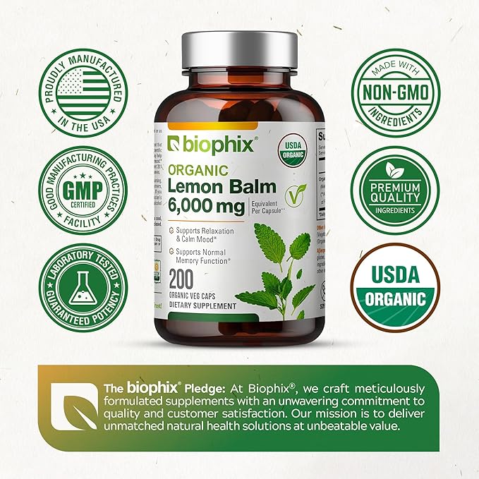 biophix Lemon Balm Capsules USDA Organic 20:1 Extract 300 mg 200 Veggie Caps - Cognitive Health Stress Sleep Mood Support Natural Herbal Supplement