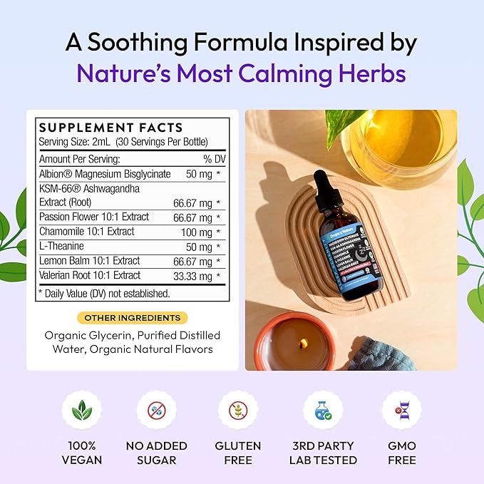 Magnesium Glycinate & Ashwagandha Liquid Drops with Valerian Root, Chamomile, Passion Flower, Lemon Balm & L-Theanine - Vegan Fast Absorption - Supplement for Wellness & Relaxation (Mixed Berry, 60mL)