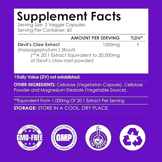 Devils Claw 1000mg | 120 Capsules | 20:1 Concentrated Root Extract | Devils Claw Herbal Supplement | Non-GMO, Gluten Free Supplement