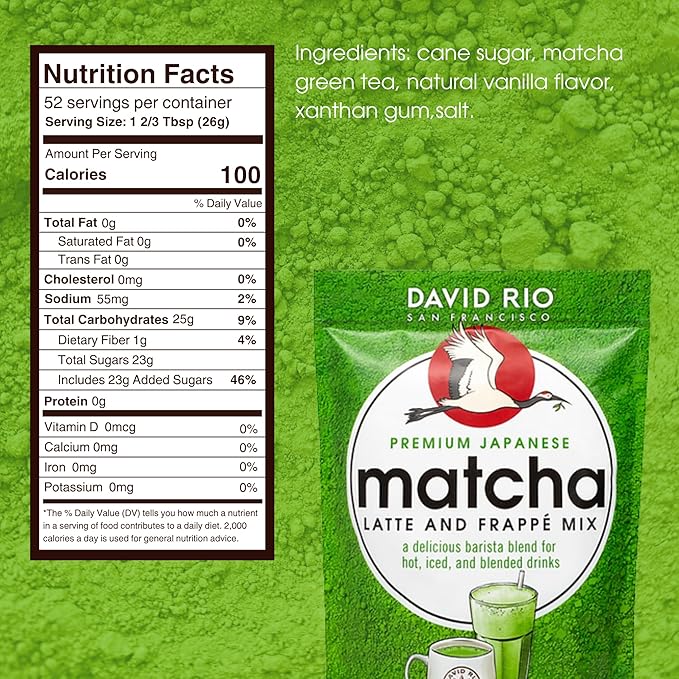 David Rio Premium Japanese Matcha Latte & Frappé Mix, 48 Oz, Matcha Green Tea, Vegan, Dairy Free, Serve Hot, Cold or Ice Blended, Just Add Milk, 52 Servings