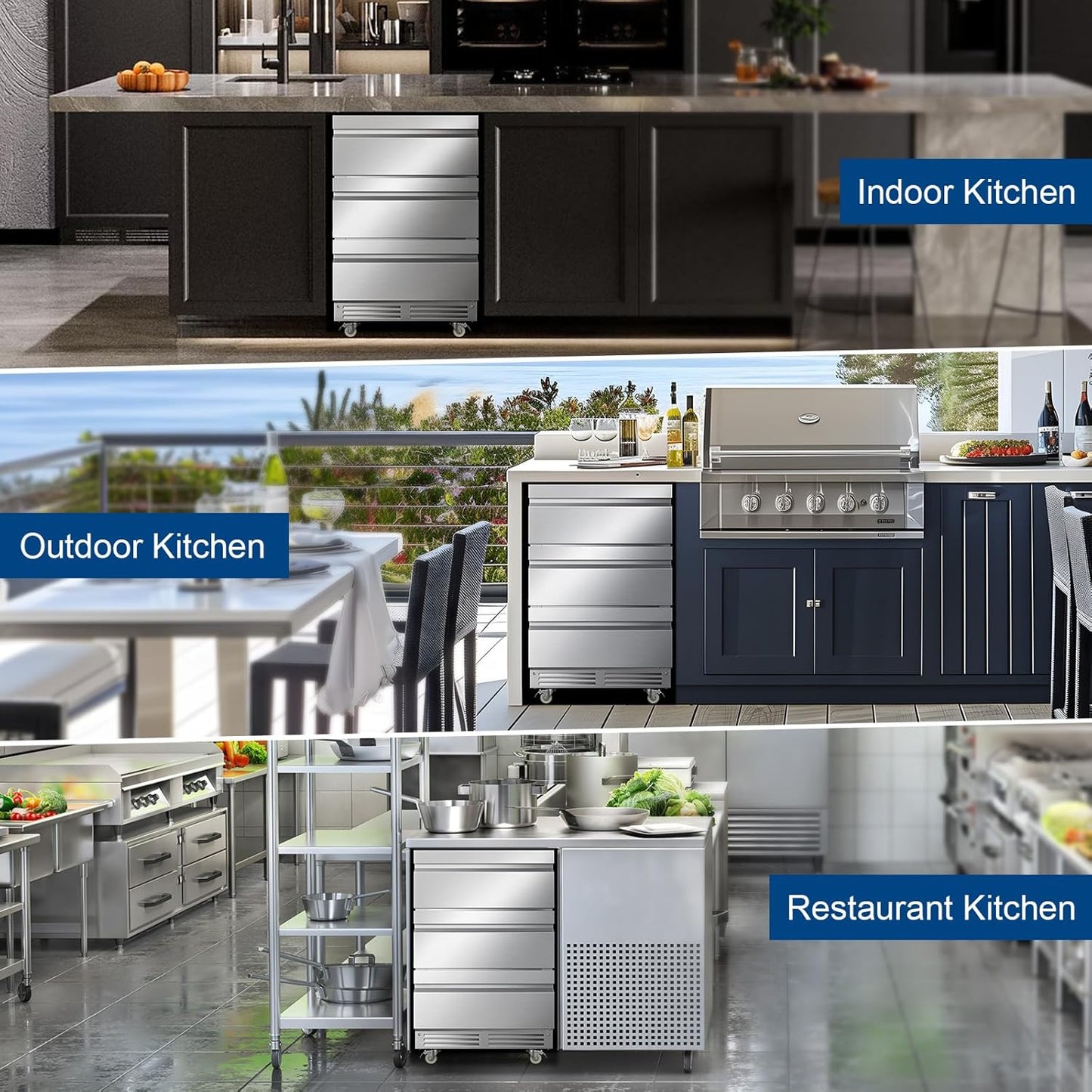 Stainless Steel 3-Tier Drawer Fridge Undercounter, Outdoor Beverage Refrigerator with Wheels, Waterproof Design and Temperature Control for Home and Commercial Use