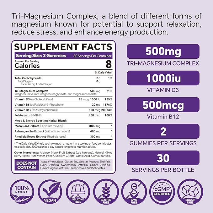 Magnesium Gummies 500mg 400mg | High Absorption, Bone, Nerves, Muscle | 3 Forms of Magnesium Complex Supplement Glycinate,Taurate,Malate | Adults - Vegan,Sugar Free,120Cts