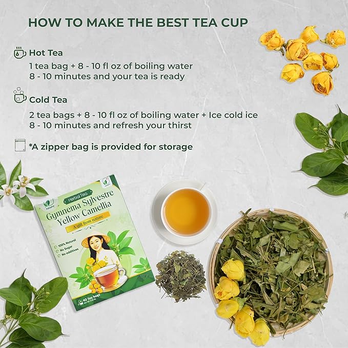 NMPT Dried Gymnema Sylvestre Yellow Camellia Tea, Handpicked, 40 Sachets, Cold-Dried, Gluten-Free, No Added Sugar, Mild Sweet Flavor, Eases Fatigue & Stress, Supports Overall Health