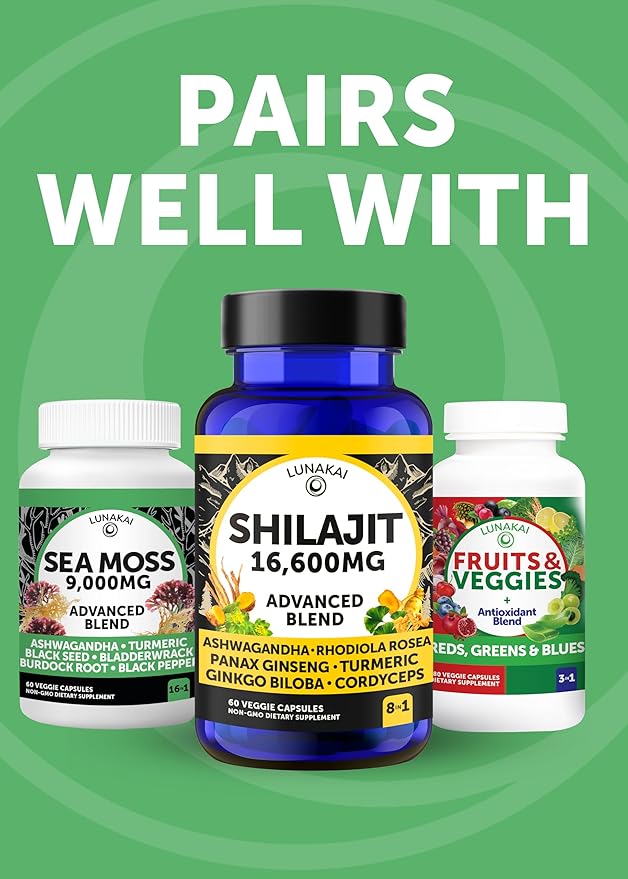 Lunakai USA Made Irish Sea Moss Capsules with Black Seed Oil, Ashwagandha, Burdock Root & Bladderwrack, 60ct