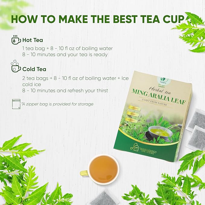NMPT Ming Aralia Leaf Tea, 100% Hand Pick, Organic Dinh Lang Herbal Tea, 40 Count, Freeze Drying, Gluten Free, Dairy Free, No Sugar Added, Energy Boost & Health Support, 0.07 Oz Each